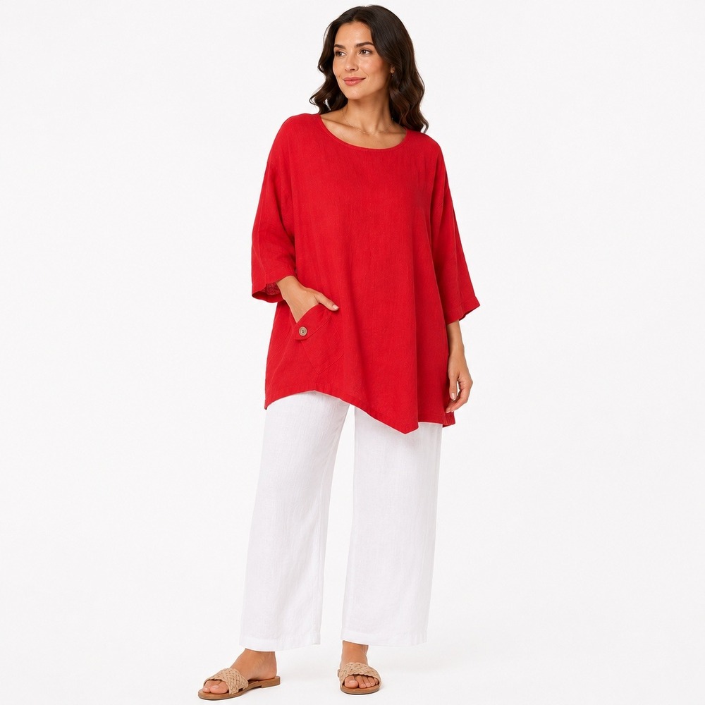 Fridaze Linen Red Lagenlook Sharkbite Tunic Top Asymmetrical Pocket Large
